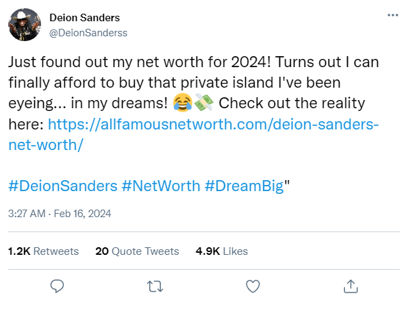Deion Sanders Tweet about his Net Worth in X.com